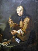 Giacomo Francesco Cipper Old woman with a glass and a magpie china oil painting artist